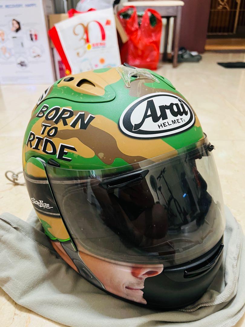 Arai helmet (Category: Motorcycle Apparel) located in Singapore. Submitted by tommy.lye.7 (Listing ID 1164156068, Image 1). Description: Condition 9.5/10 Wore it twice few years ago. Have been in my trophy ever since. Need to move on ….. have to let it go 😢.