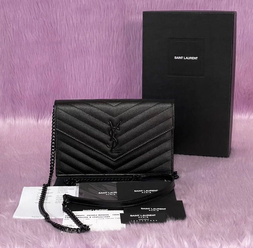 YSL ENVELOPE CHAIN WALLET IN MIX MATELASSÉ GRAIN DE POUDRE EMBOSSED  LEATHER, Luxury, Bags & Wallets on Carousell