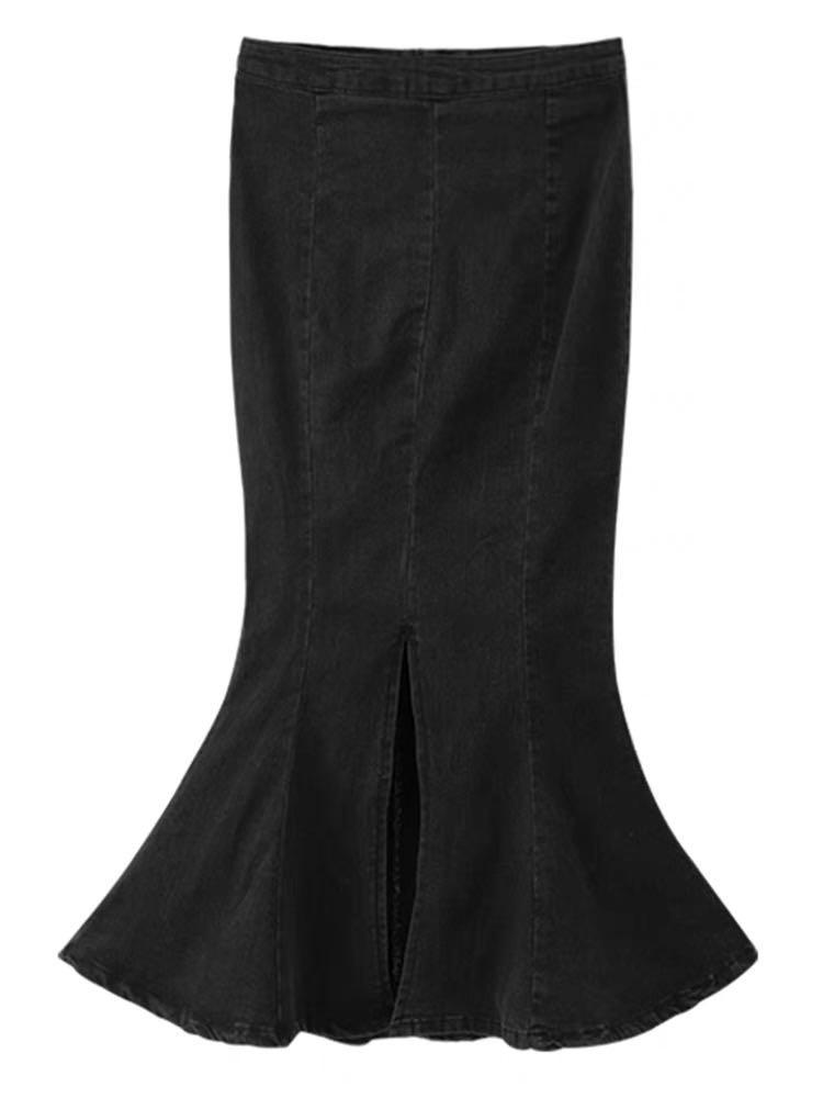 Black denim flare skirt hot sale