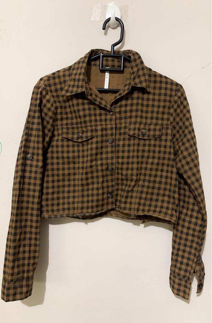 brown tartan crop shirt, Fesyen Wanita 