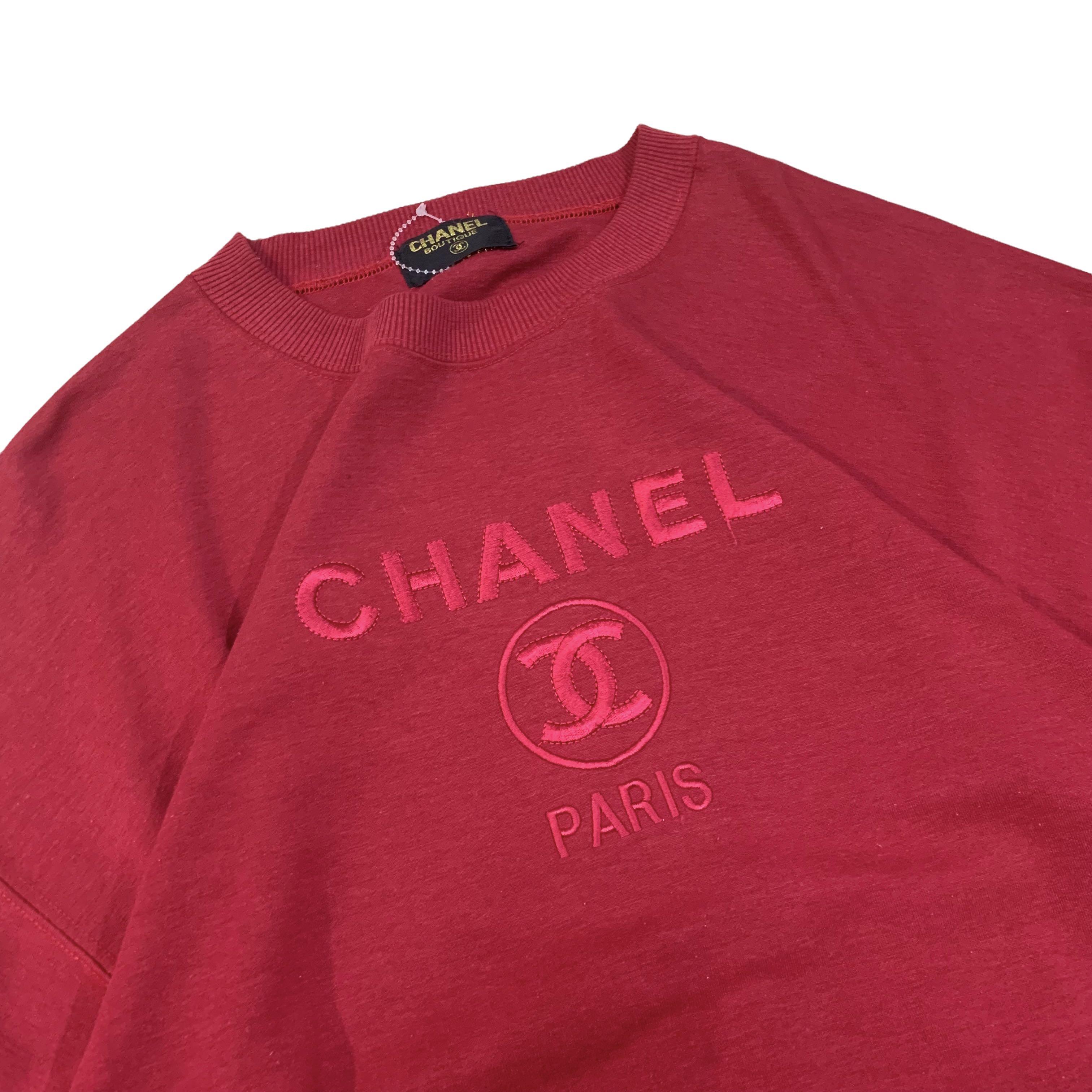 Vintage Chanel Paris T Shirt Red Embroidery Big Logo 90s