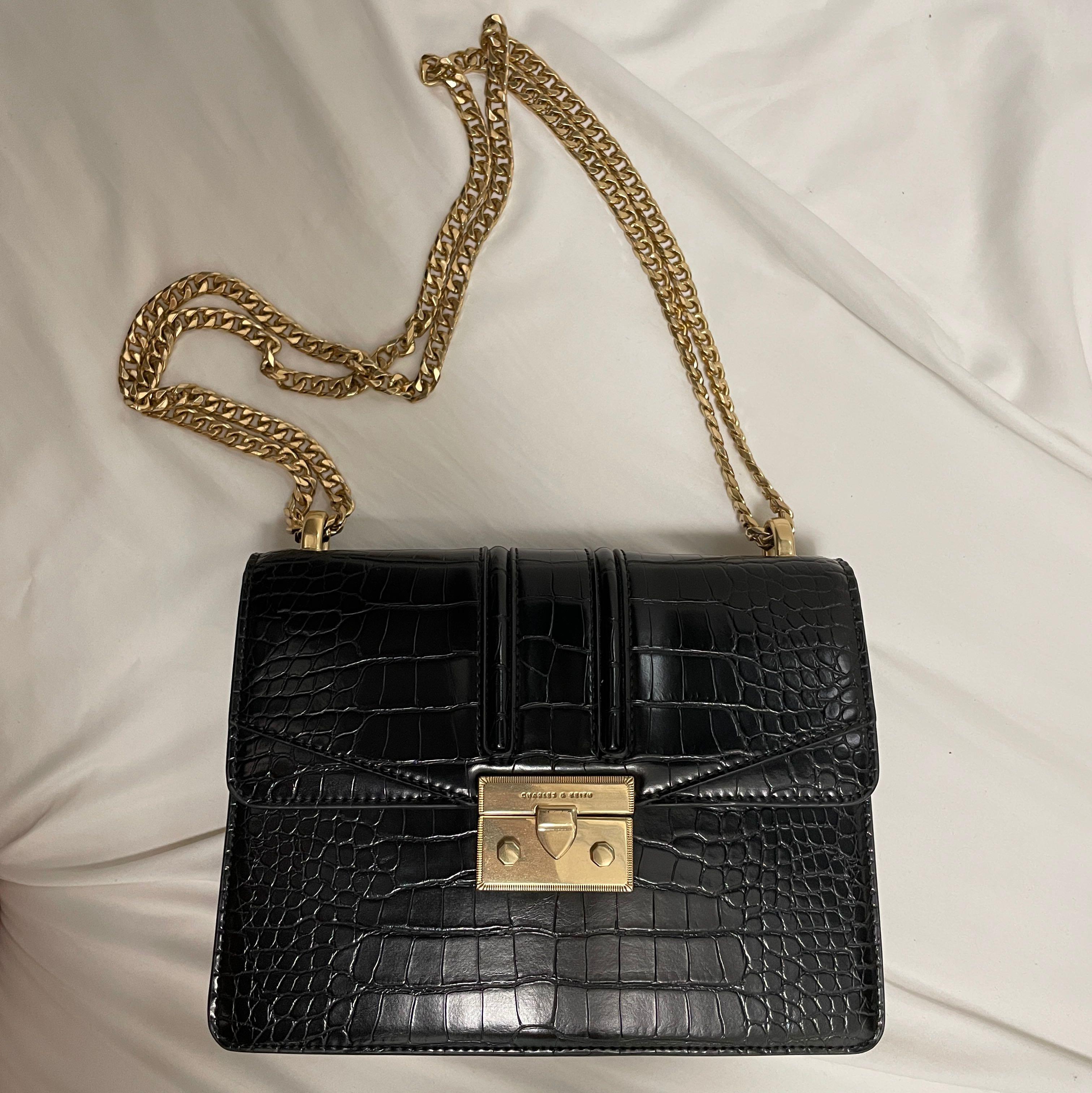 Charles & Keith CrocEffect Chain Strap Crossbody Bag Black, Women's