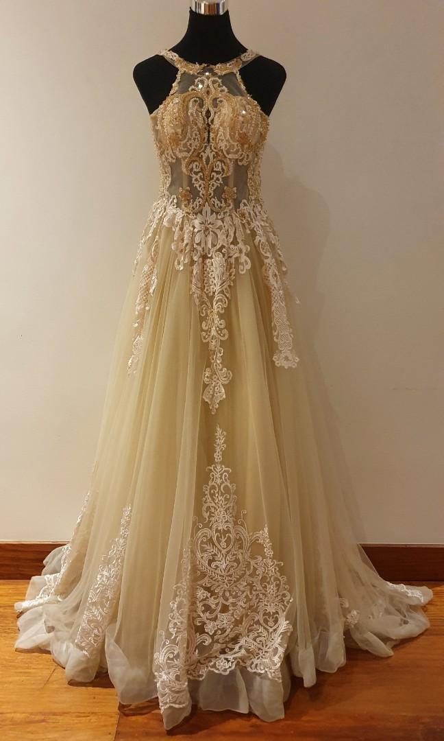 Spaghetti Straps Gold Beaded Lace Evening Dress Luxurious Ball Gown Pr –  Ballbella