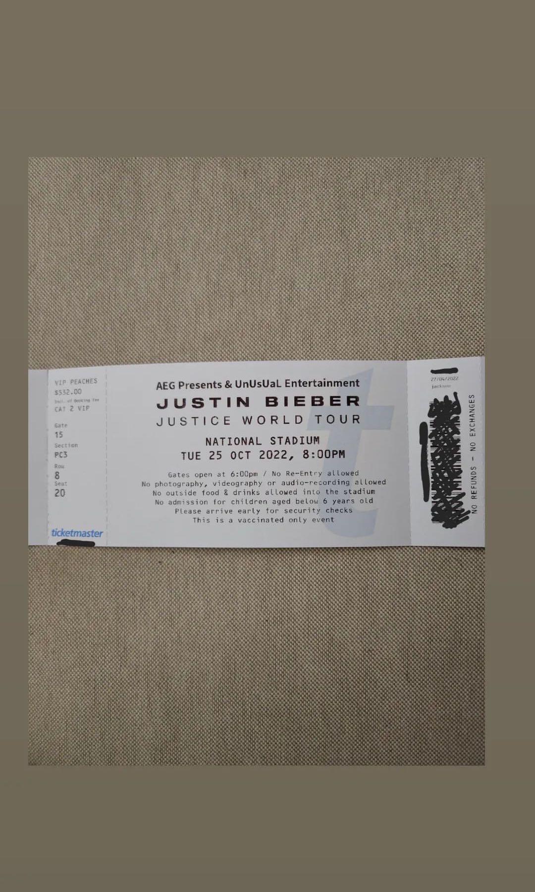Justin Bieber World Tour ( 2 x VIP TICKETS), Tickets & Vouchers, Event Tickets on Carousell