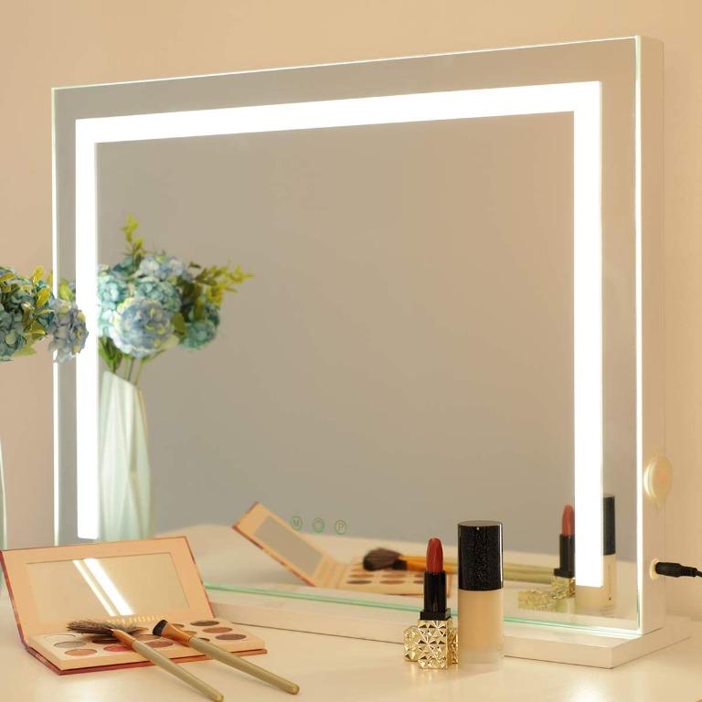 W31.5 X H23.6 Smart Touch Screen Vanity Mirror with 18 Dimmable LED Bulbs 3 Color Lighting Modes OUO Lighted Hollywood Makeup Mirror Extra Large White Tabletop Wall-Mounted Mirror with USB Port 