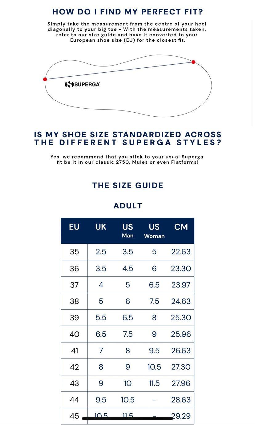 Superga sneakers size chart clearance