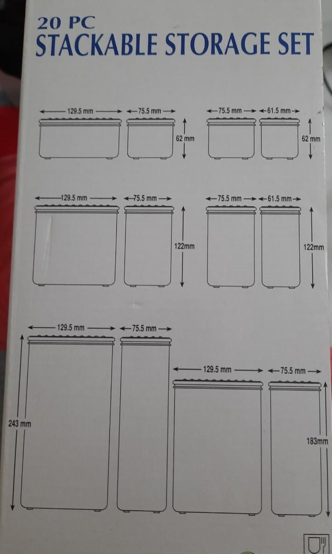 20 pc Stackable Storage Set (Category: Food Organisation & Storage) located in Singapore. Submitted by flareroyce (Listing ID 1167685377, Image 3). Description: 20 containers Measurements are in second and third photo.