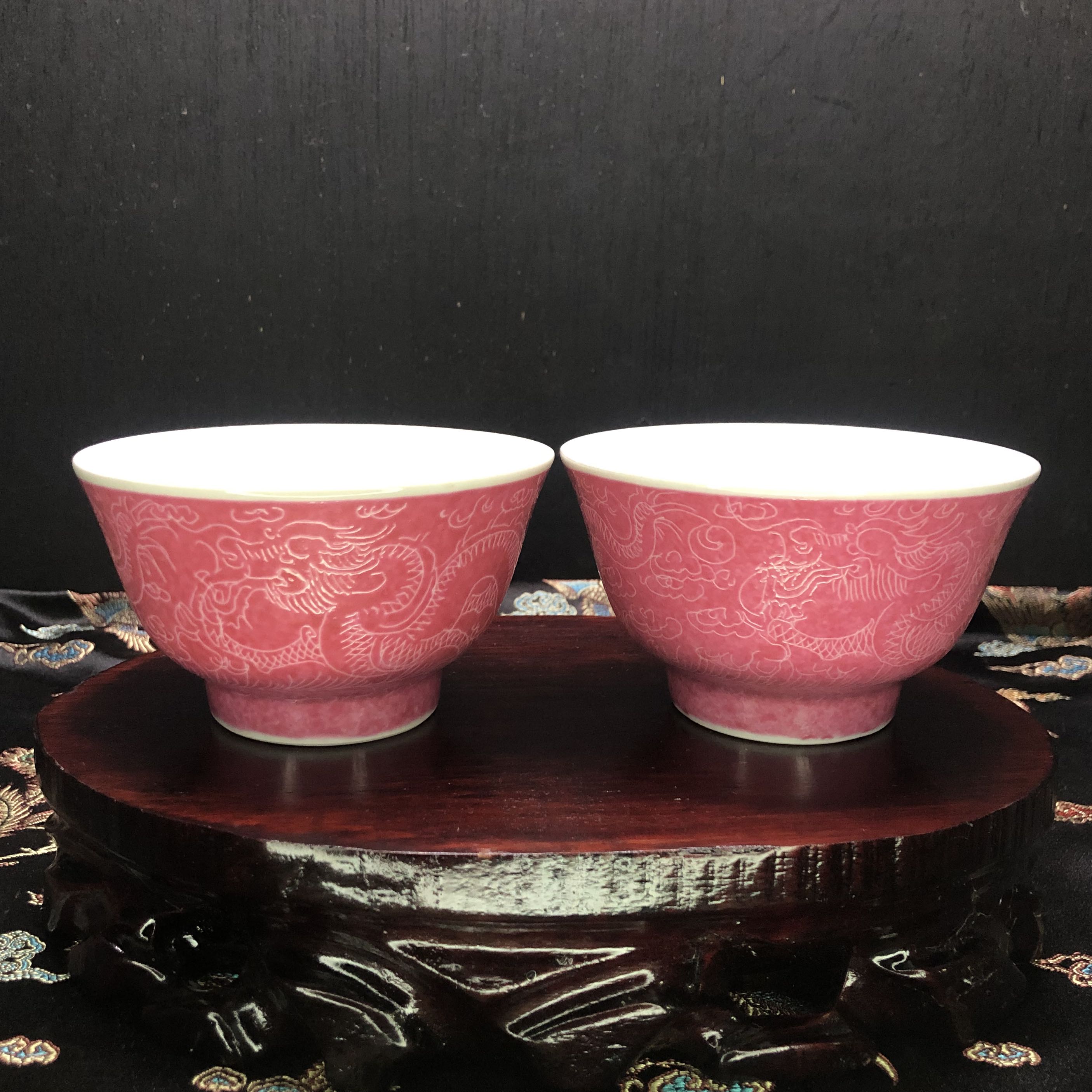 雙喜樓-民國江西瓷業胭脂紅龍紋扒花碗一對, 興趣及遊戲, 收藏品及