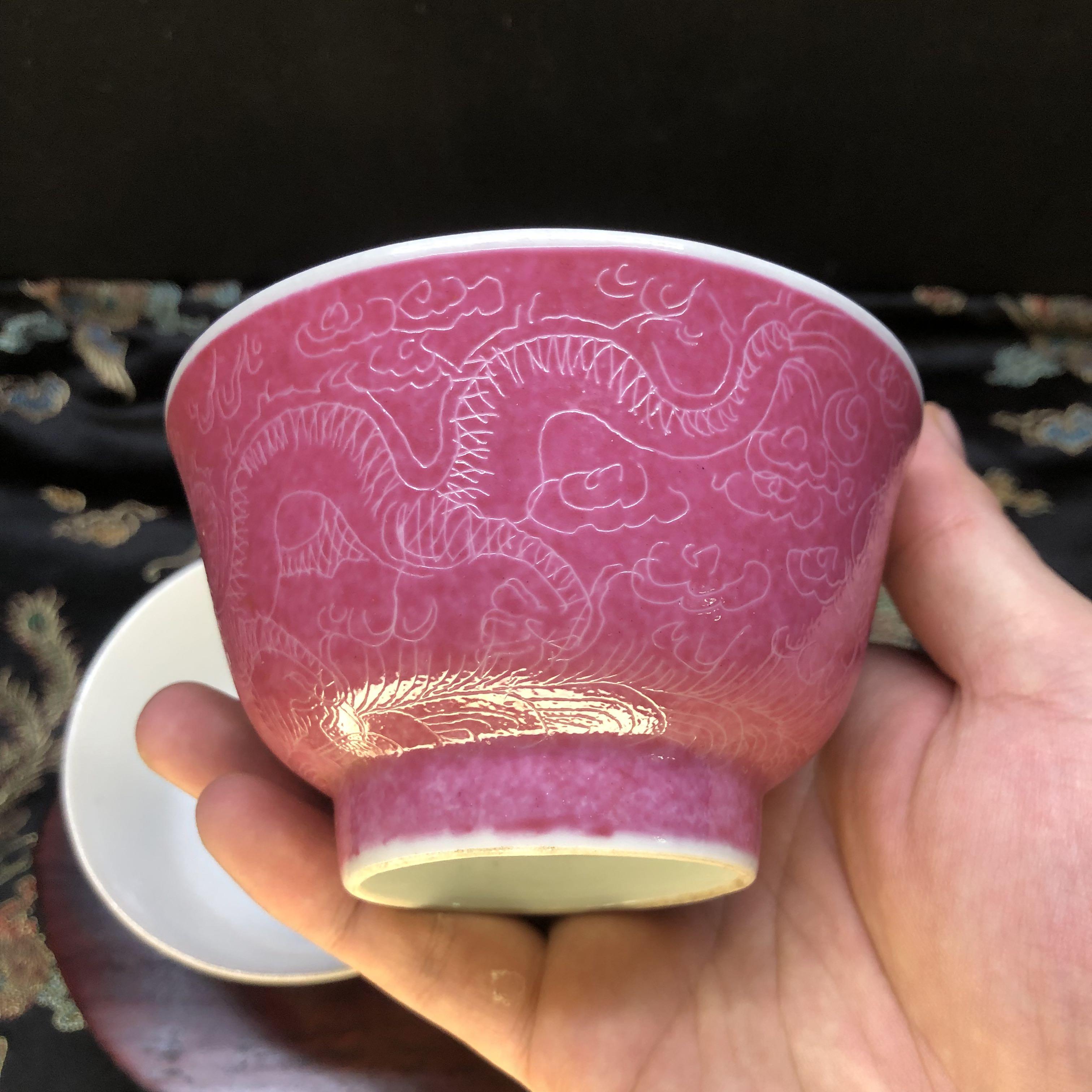雙喜樓-民國江西瓷業胭脂紅龍紋扒花碗一對, 興趣及遊戲, 收藏品及
