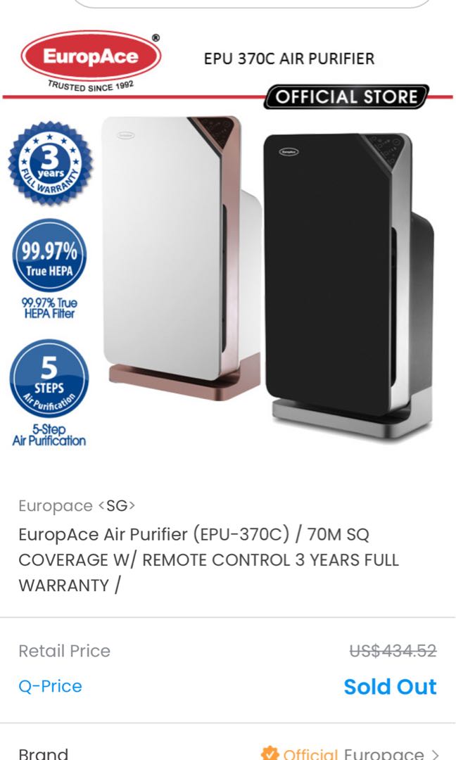 Air Purifier EuropAce EPU 370C for 70 Square Metre, TV & Home