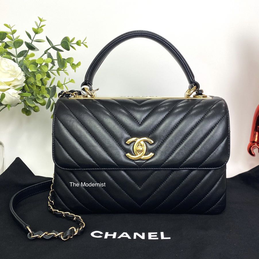 Authentic Chanel Trendy CC Flap Bag with Top Handle Chevron Black Lambskin Gold Hardware