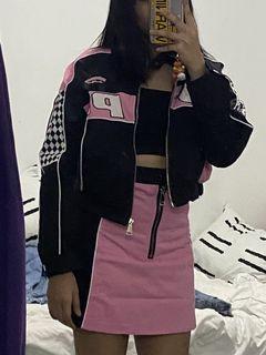 Black Pink Cropped Jacket and Skirt Set