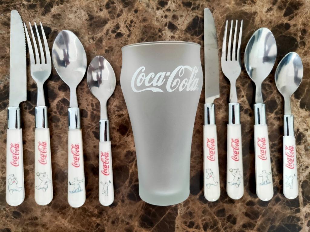 CocaCola Coke Rare Frosted Glass & Knife Fork Spoon Set, Hobbies