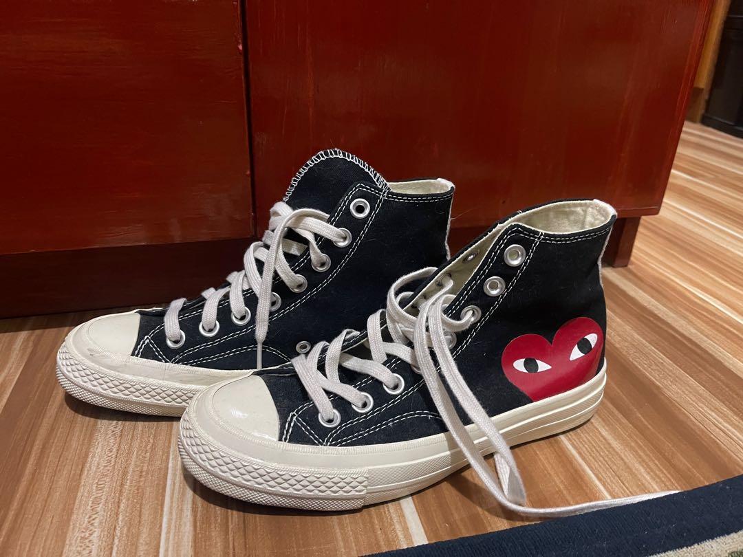 Converse Cdg play (Category: Sneakers & Footwear) located in Taguig. Submitted by rlg.declutterph (Listing ID 1167751276, Image 2). Description: Given as gift from my colleague in Hongkong No box No inclusion What you see is what you get Needs cleaning Size 37 23.5 in cm To be honest I don’t know if it’s orig or not pero same texture sila ng orig ung differences is yung tag sa loob and markings inside Cheap price sa ganitong quality niya as in ☺️