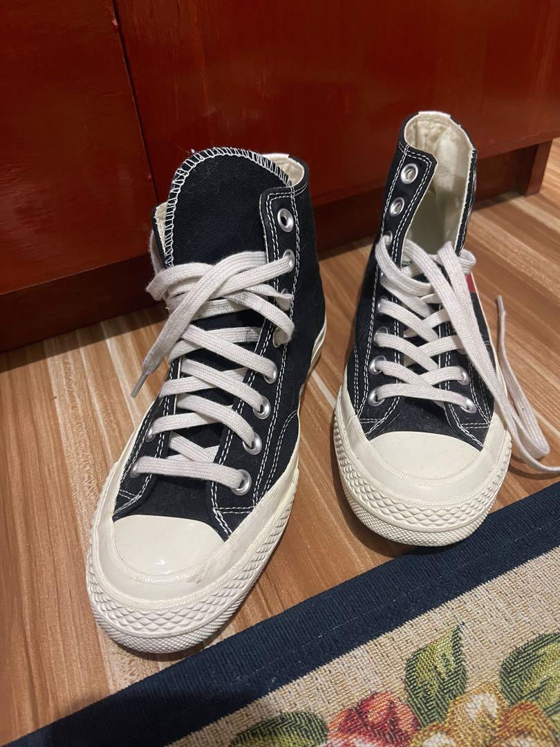 Converse Cdg play (Category: Sneakers & Footwear) located in Taguig. Submitted by rlg.declutterph (Listing ID 1167751276, Image 1). Description: Given as gift from my colleague in Hongkong No box No inclusion What you see is what you get Needs cleaning Size 37 23.5 in cm To be honest I don’t know if it’s orig or not pero same texture sila ng orig ung differences is yung tag sa loob and markings inside Cheap price sa ganitong quality niya as in ☺️