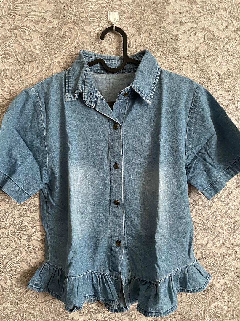 Denim Peplum Top, Fesyen Wanita 