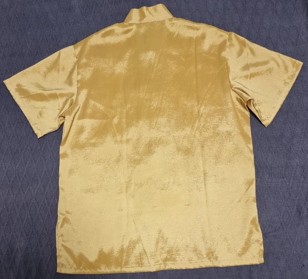 Gold Traditional Chinese Style Short Sleeves Shirt with Embroidery