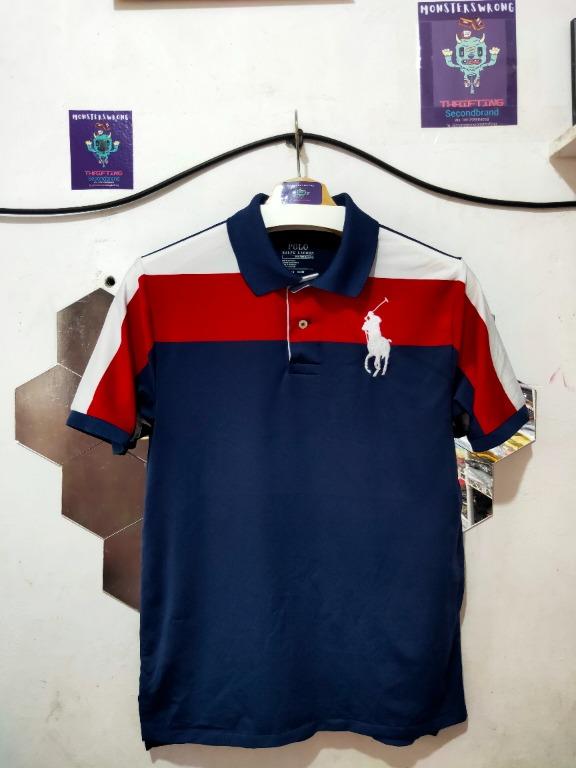 Kaos Polo Ralph Lauren Biru Dongker Garis Merah Putih Big Logo Putih