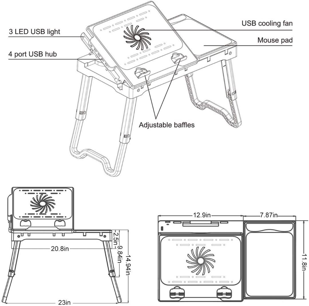 Laptop Desk for Bed, Adjustable Laptop Bed Table with Fan, Portable Lap Desk with Foldable Legs