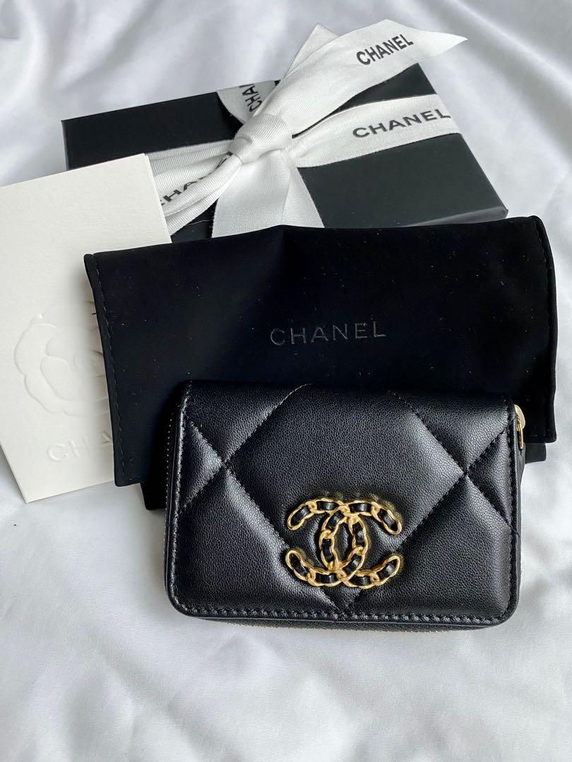 Chanel Lambskin Quilted Chanel 19 Zip Card Holder Wallet Black