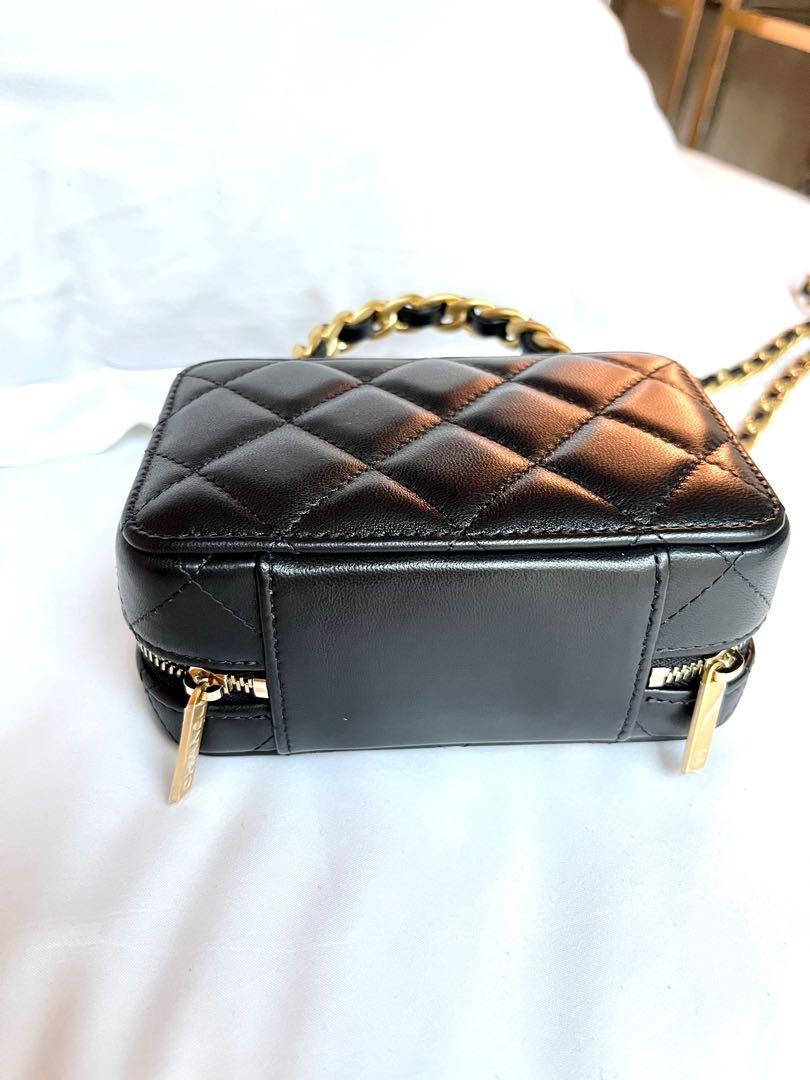 New Chanel 22A Black Lambskin Gold Chain Handle Vanity Case Mini