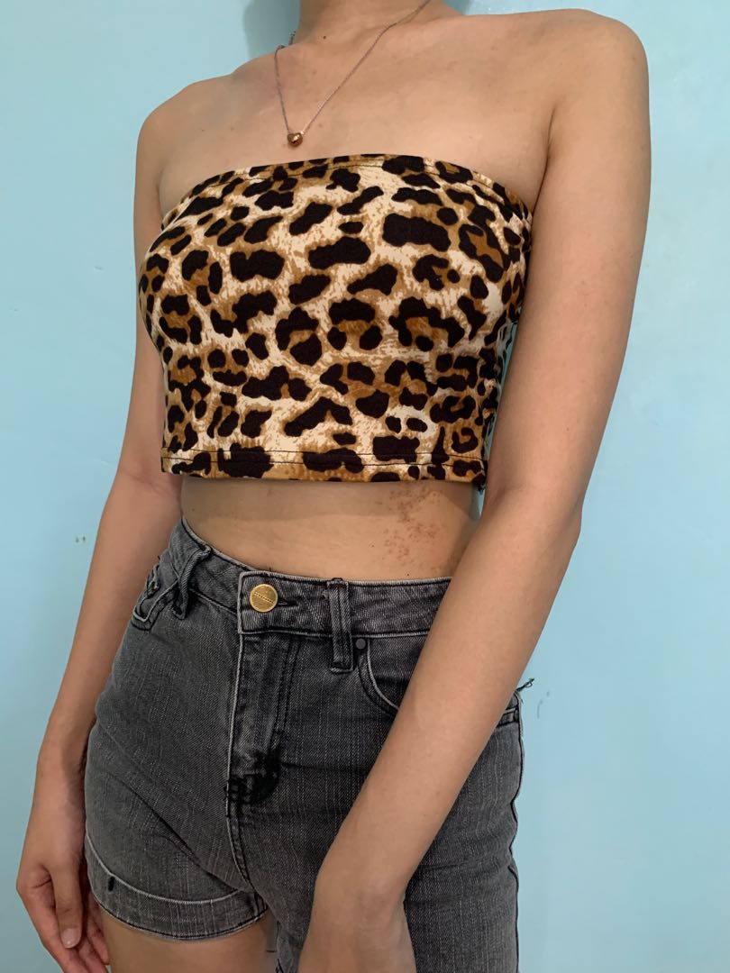 Shein Leopard print tube cropped top Women s Fashion Tops