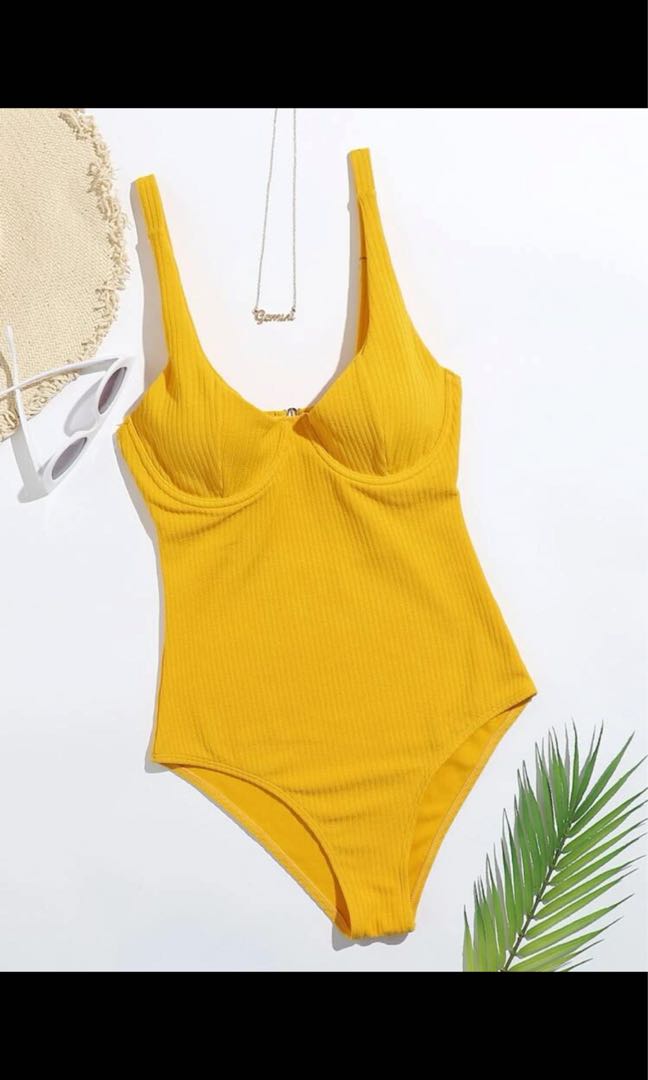 Shein Yellow rib underwire one piece swimsuit, Women's Fashion