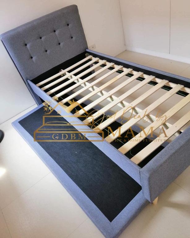 SINGLE TAPERED LEG PADDED BED WITH PULL OUT BED (Category: Bed Frames & Mattresses) located in Taguig. Submitted by gooddealsbymama (Listing ID 1062385207, Image 3). Description: SINGLE TAPERED LEG PADDED BED WITH PULL OUT BED Single (36x75): ₱11,500 Materials: Malaysian rubberwood Upholstery: Light Gray Slats: Malaysian Rubberwood Single Size Dimension: L83″ x W40.5″ x H42″ *Bed Frame Only. Mattress sold separately ➡️ FREE DELIVER and ASSEMBLE w