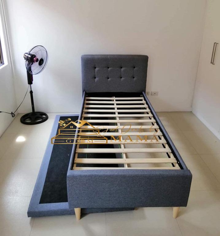SINGLE TAPERED LEG PADDED BED WITH PULL OUT BED (Category: Bed Frames & Mattresses) located in Taguig. Submitted by gooddealsbymama (Listing ID 1062385207, Image 2). Description: SINGLE TAPERED LEG PADDED BED WITH PULL OUT BED Single (36x75): ₱11,500 Materials: Malaysian rubberwood Upholstery: Light Gray Slats: Malaysian Rubberwood Single Size Dimension: L83″ x W40.5″ x H42″ *Bed Frame Only. Mattress sold separately ➡️ FREE DELIVER and ASSEMBLE w