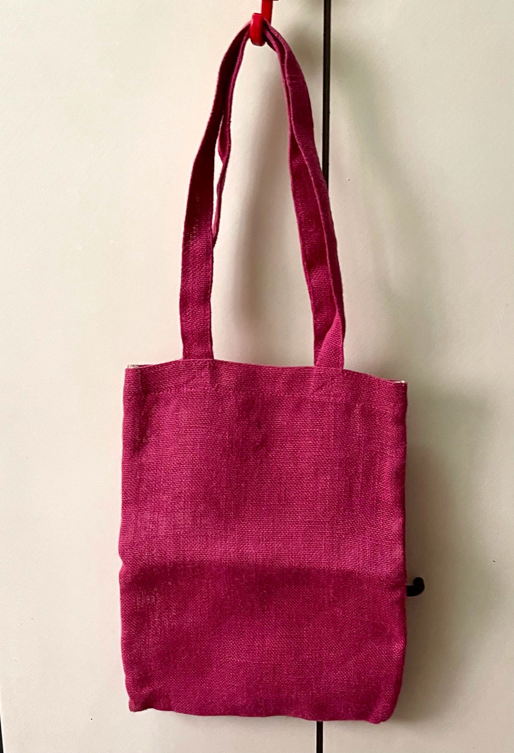 Vintage Jute Tote Bag Long Strap Hot Pink Color, Women's Fashion, Bags
