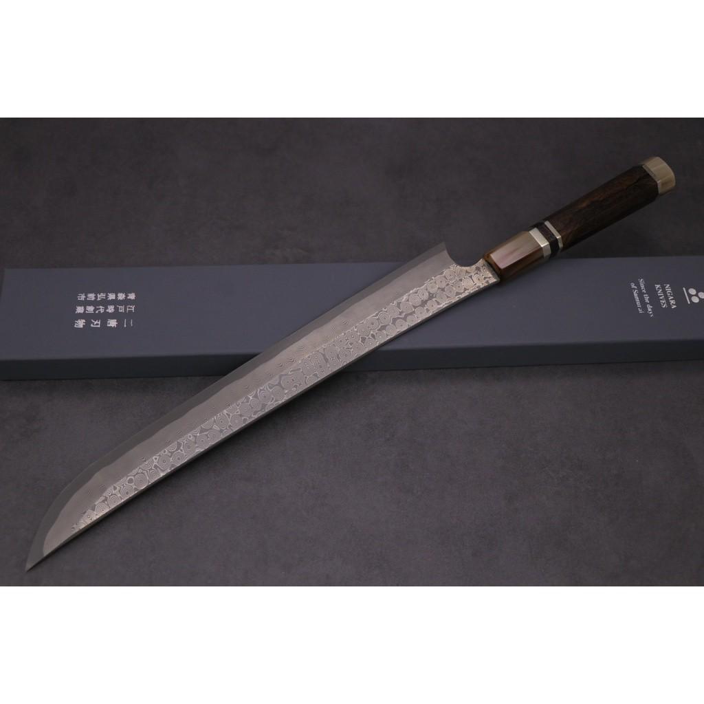 🇯🇵二唐【銀三鋼渦紋暗紋先丸柳刃330mm + 黑柿木刀鞘】💓 黑柿木柄三