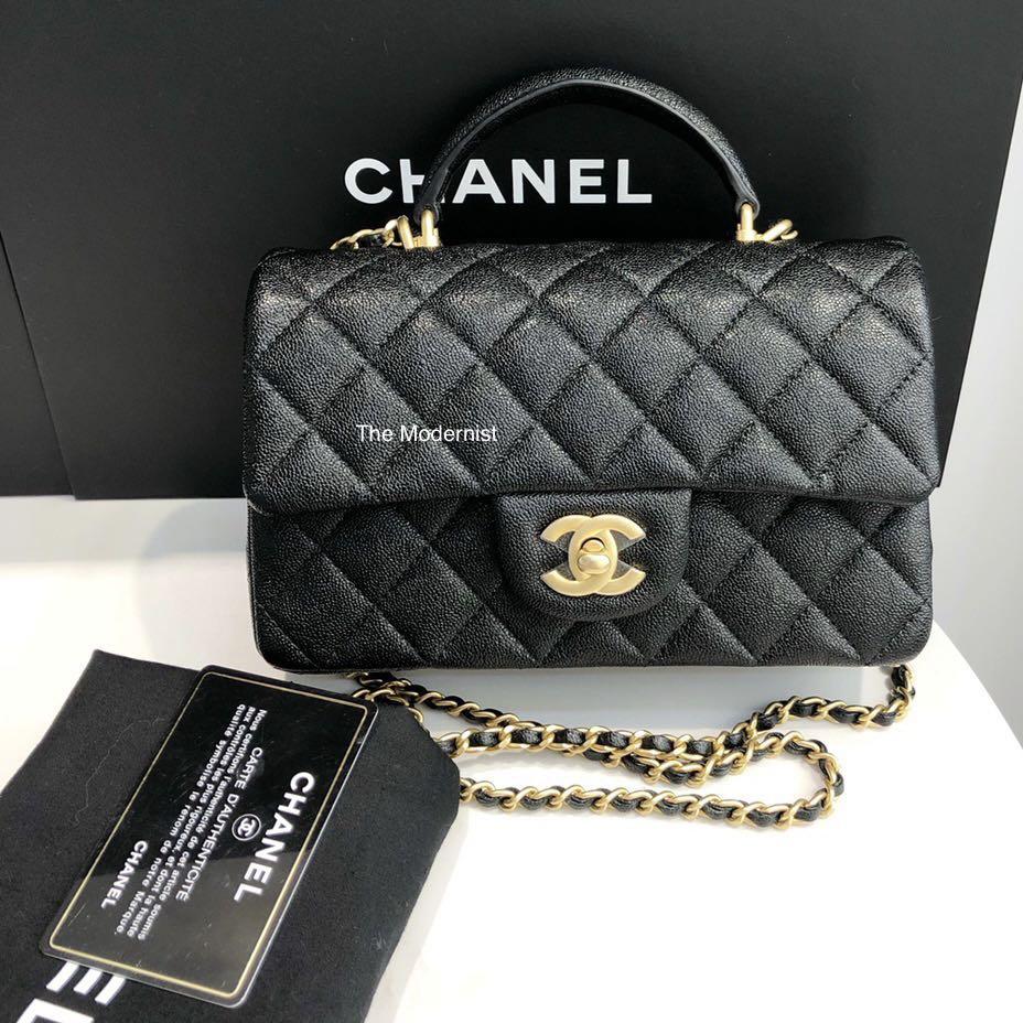 Authentic Chanel Mini Flap Bag with Top Handle Black Caviar Grained  Calfskin Matte Gold Hardware