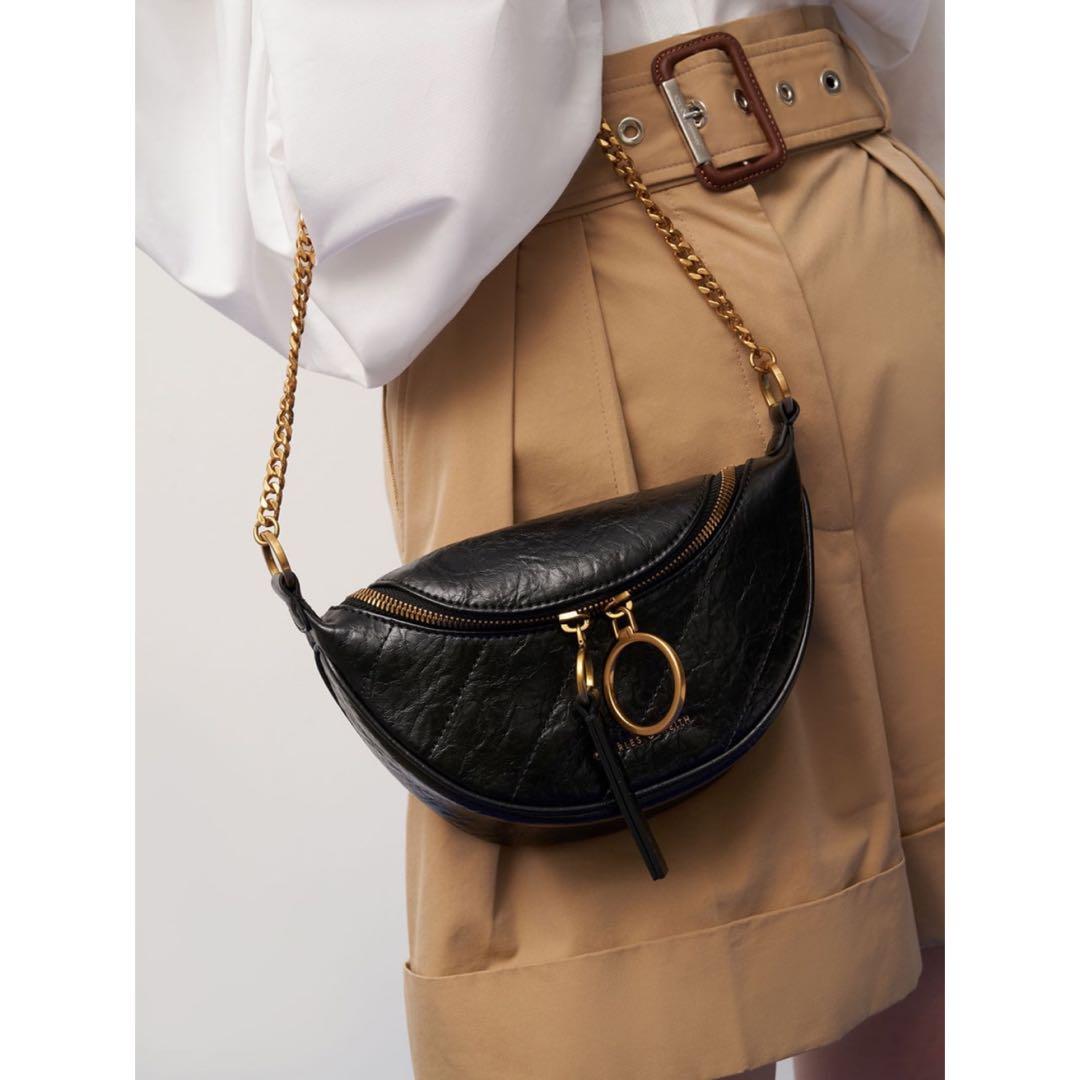 Charles & Keith - Women's Philomena Wrinkled-Effect Half-Moon Crossbody Bag, Black, S