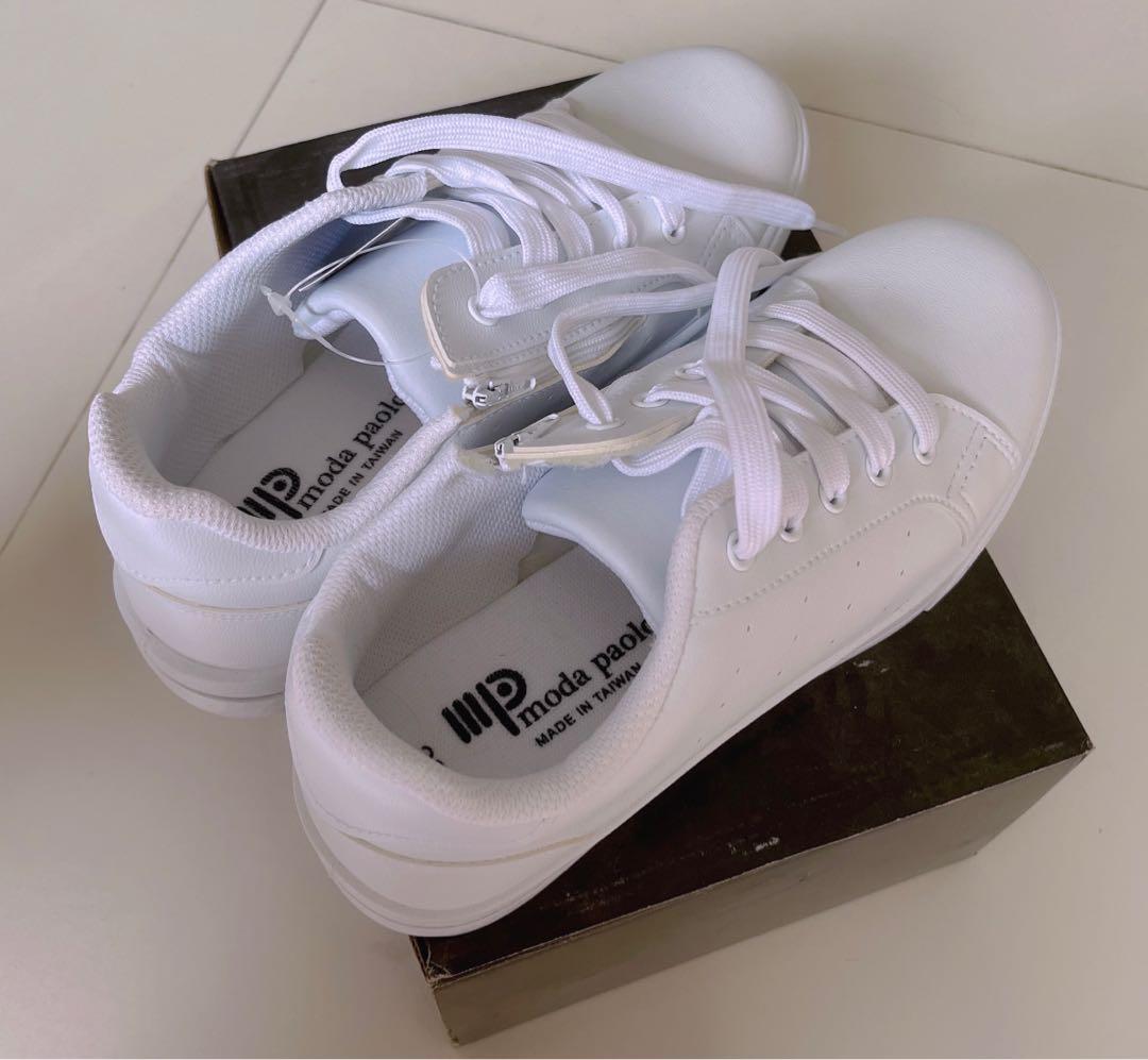 Full White Sneakers School Shoes with Shoelace and Side Zip