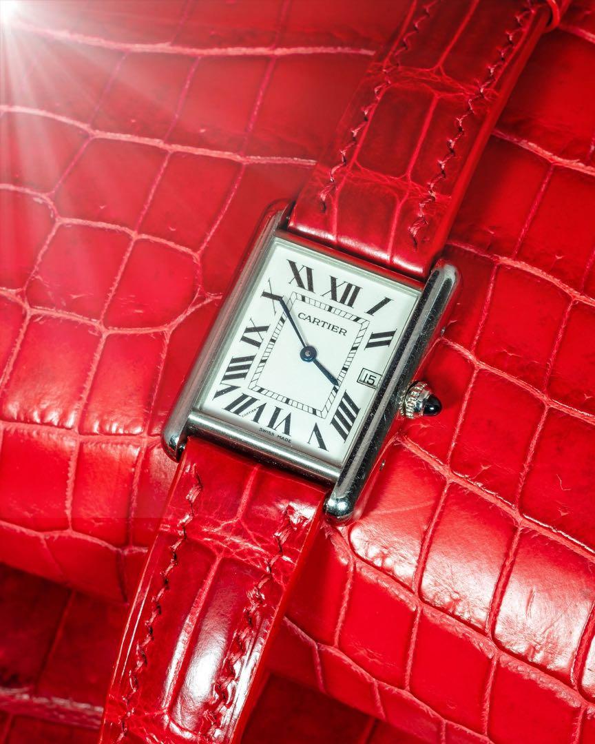 Handmade Handstitched Watch Strap In Ferrari Red Crocodile Leather For Client s Cartier Tank Solo Watch