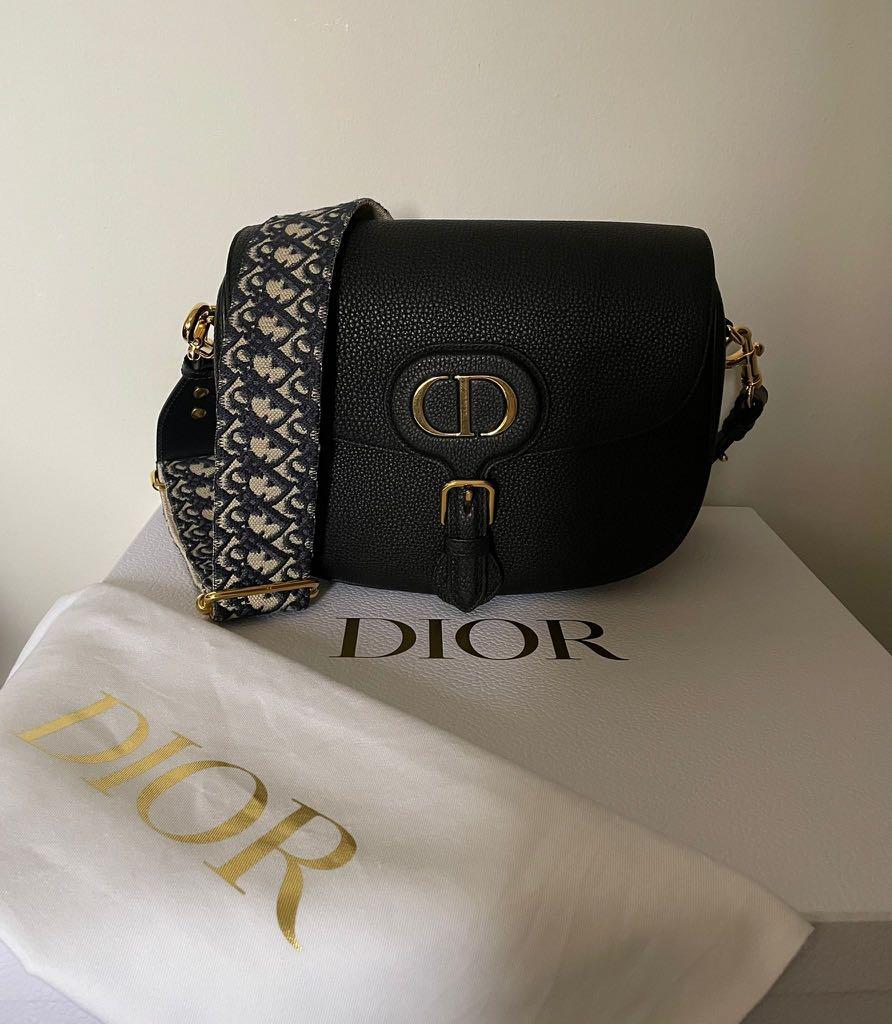Large Dior Bobby Bag Black Box Calfskin with Blue Dior Oblique