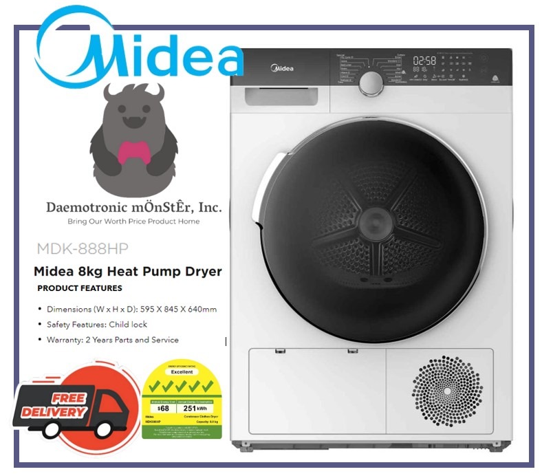 Midea MDK888HP 8kg Front Load Heat Pump Dryer (Free Stacking Kit), TV