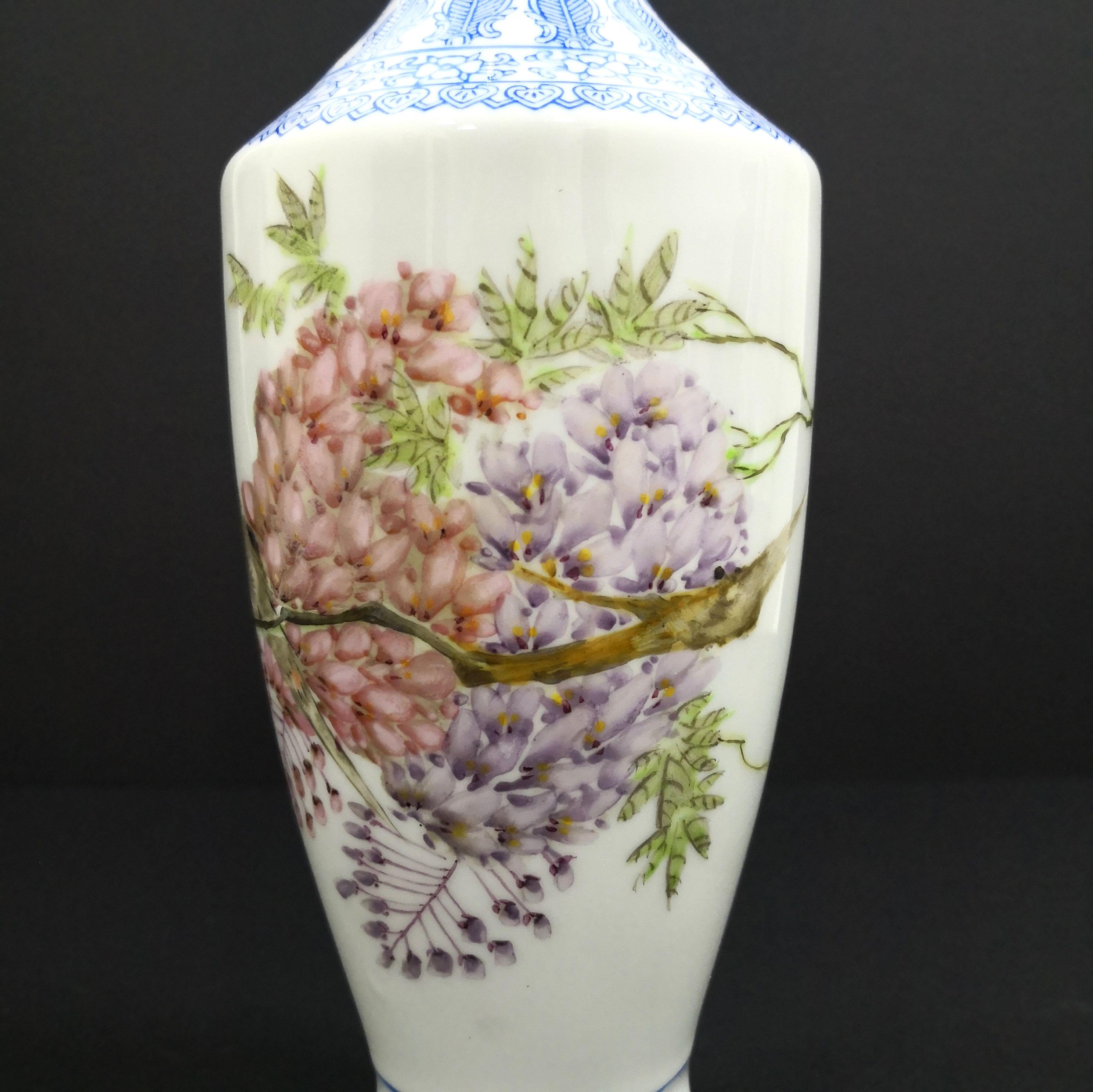 Old Jing De Zhen hand painted bird floral egg shell Porcelain vase  早期景德镇手绘六方花鸟诗文超级薄胎花瓶 (B)