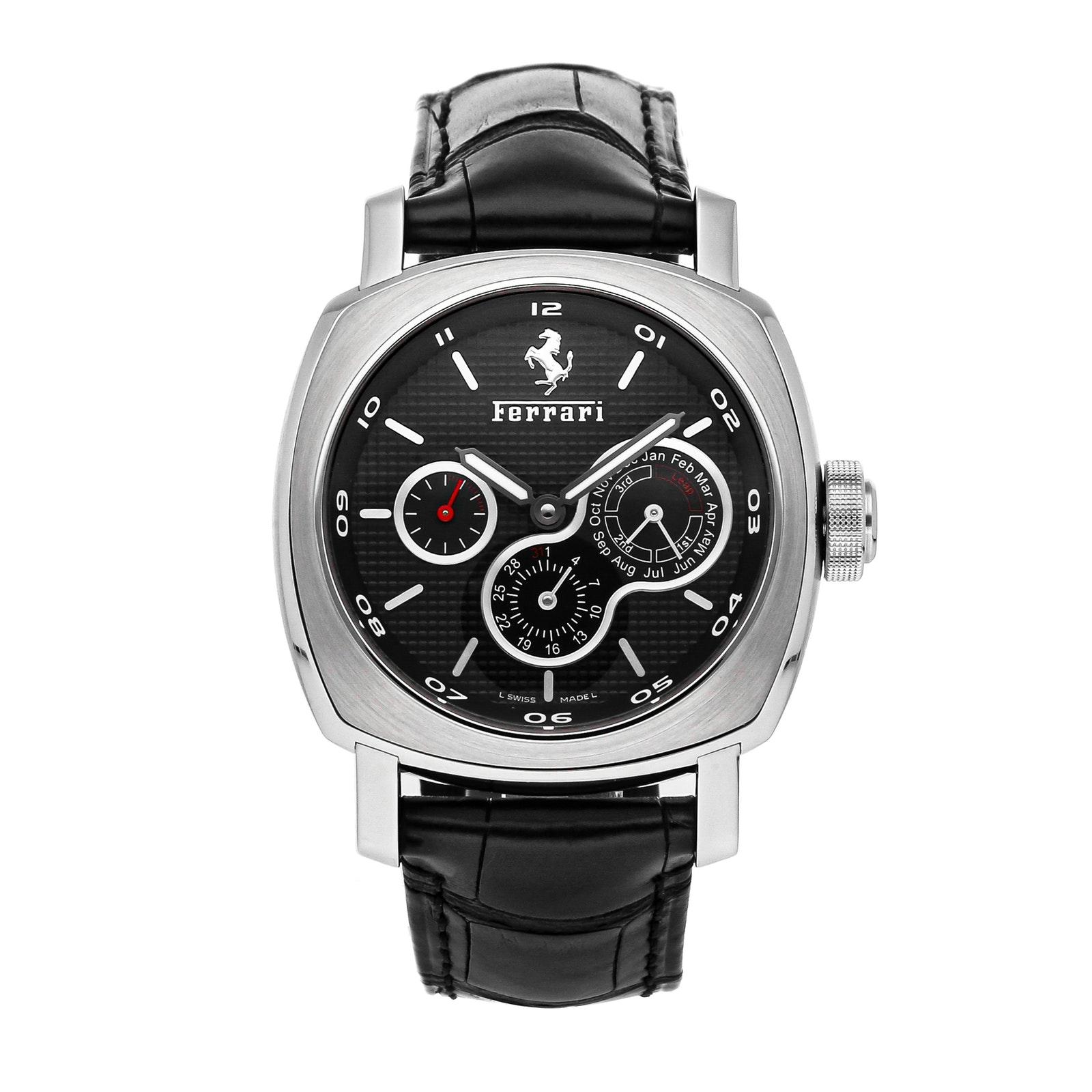Pre-Owned Panerai Ferrari Perpetual Calendar FER 15 (Category: Watches) located in Singapore. Submitted by the1916company (Listing ID 1168025650, Image 1). Description: SKU #4515912 Pre-Owned Panerai Ferrari Perpetual Calendar (FER00015) self - winding automatic watch features a 45mm stainless steel case surrounding a black dial on a brand new black alligator strap with a stainless steel deployant buckle. Functions include hours minutes small sec