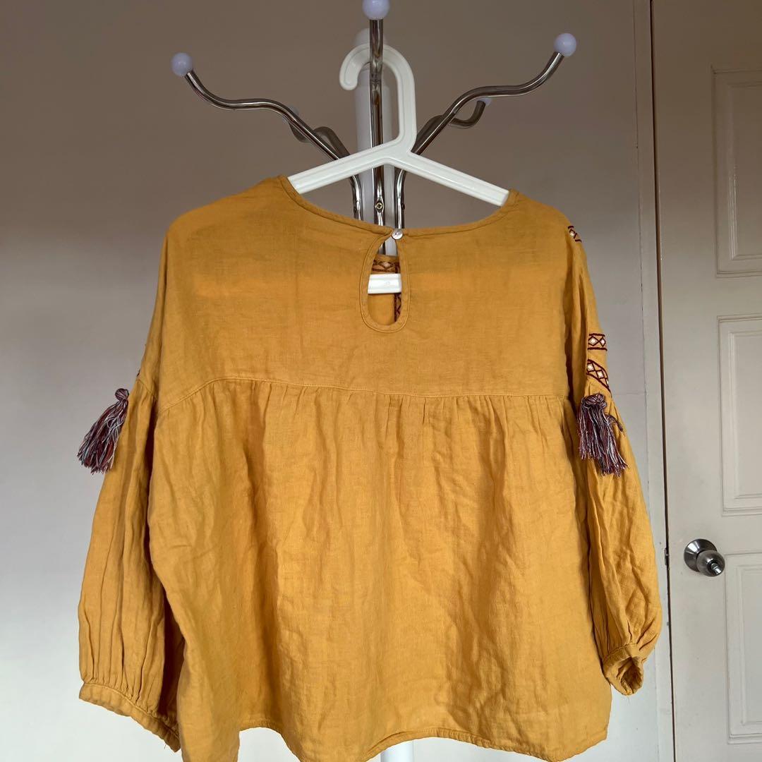 Pull & Bear Yellow Embroidered Tassel Blouse