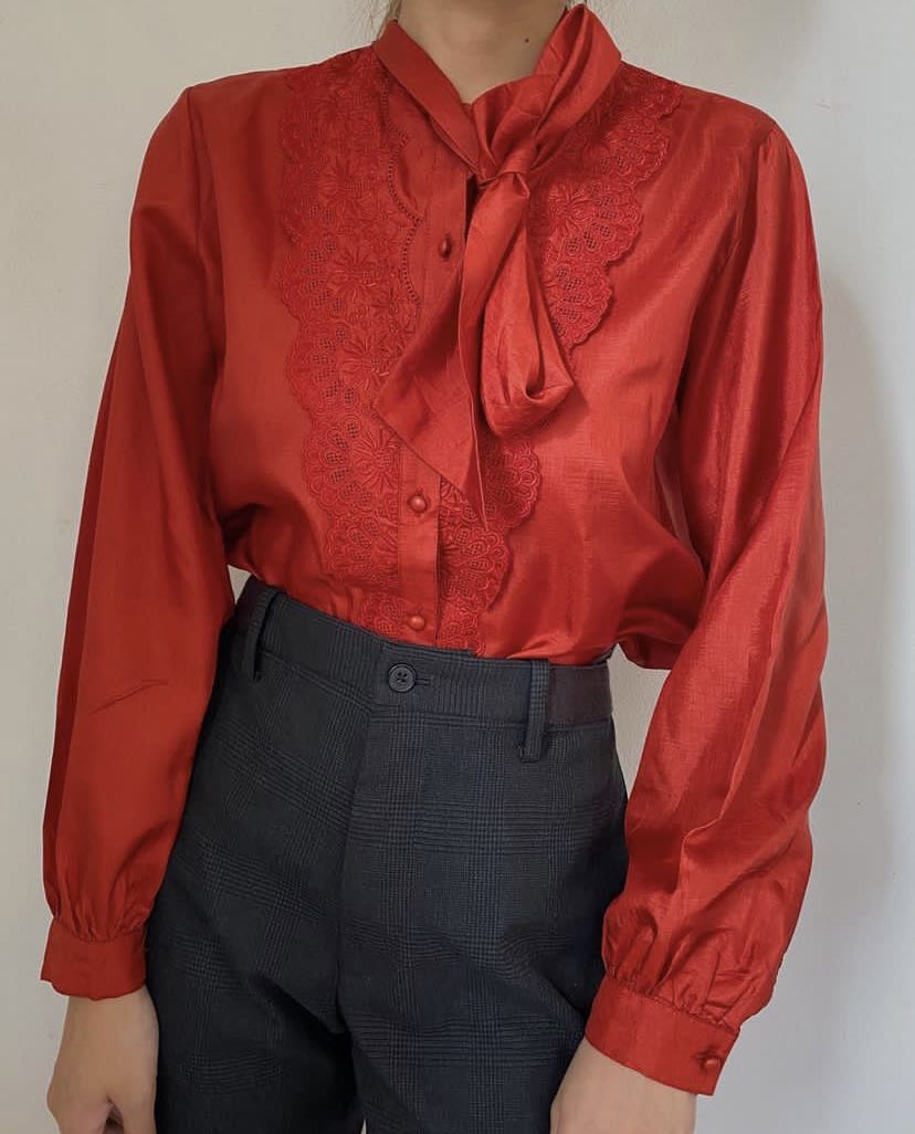 Vintage Red Dainty Buttondown Top with Ribbon (cottagecore), Women's