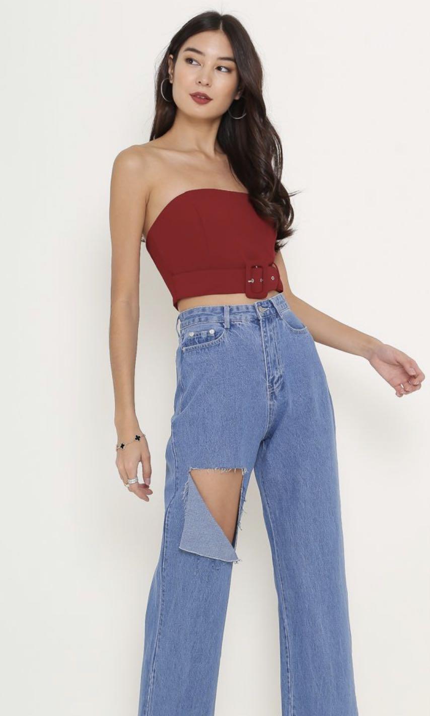 Supergurl Betsy Buckle Top (Category: Sleeveless) located in Singapore. Submitted by itsthezee (Listing ID 1167957504, Image 1). Description: Worn once like new Betsy Buckle Tube Top in Wine Red Size M (sizing in last pic) Fast Deal @$20 NM +$1.50.