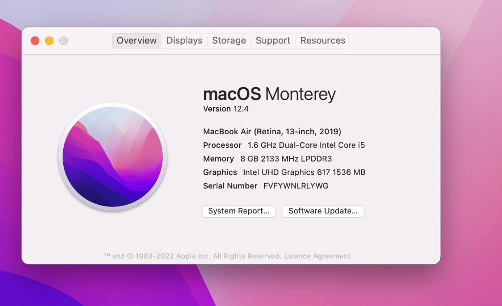 USED Macbook Air 13 inch Retina Display 2019 Space Gray Touch ID Core i5 Turbo 3.6GHz 8GB RAM Intel UHD Graphics 617 1.5GB True Tone