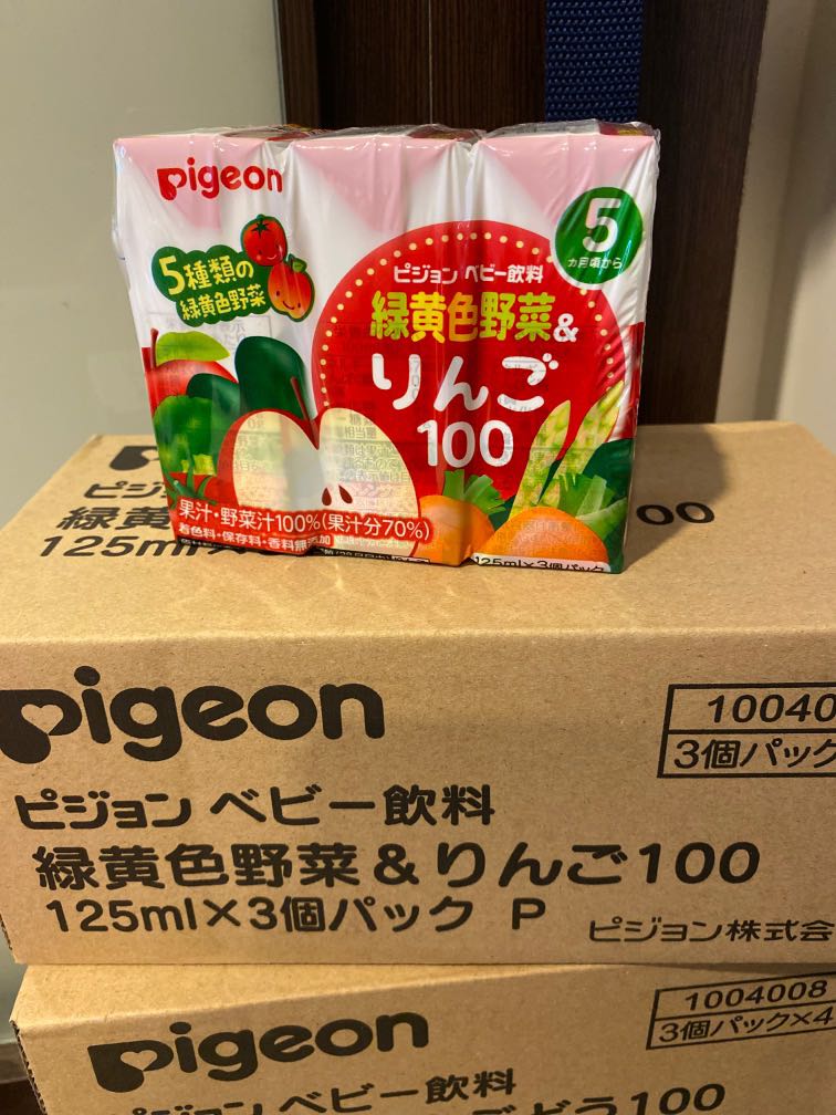 清貨Pigeon 嬰兒果汁125ml x 3 綠黃色蔬菜汁*蘋果5個月, 嘢食 嘢飲, 飲料- Carousell