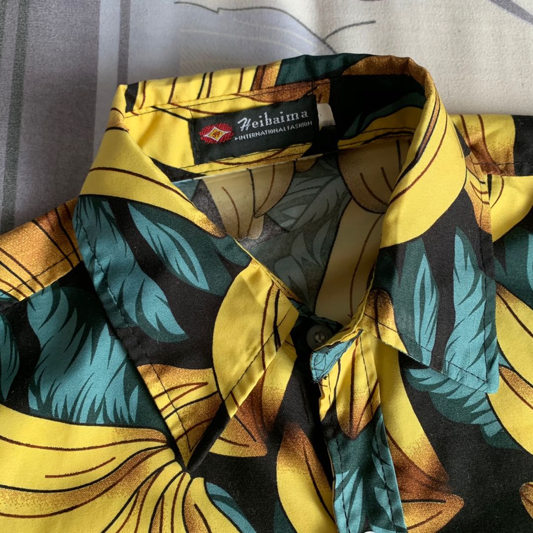 Banana Leaf Hawaiian Print Polo Shirt - Black