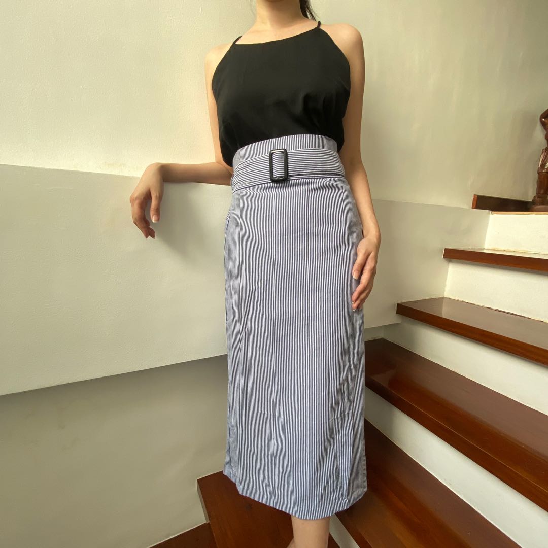 Blue Striped ALine Midi Skirt with Belt Garterized Skirt Office