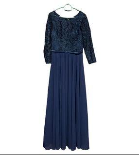 Brand new long sleeved lace navy blue evening gown