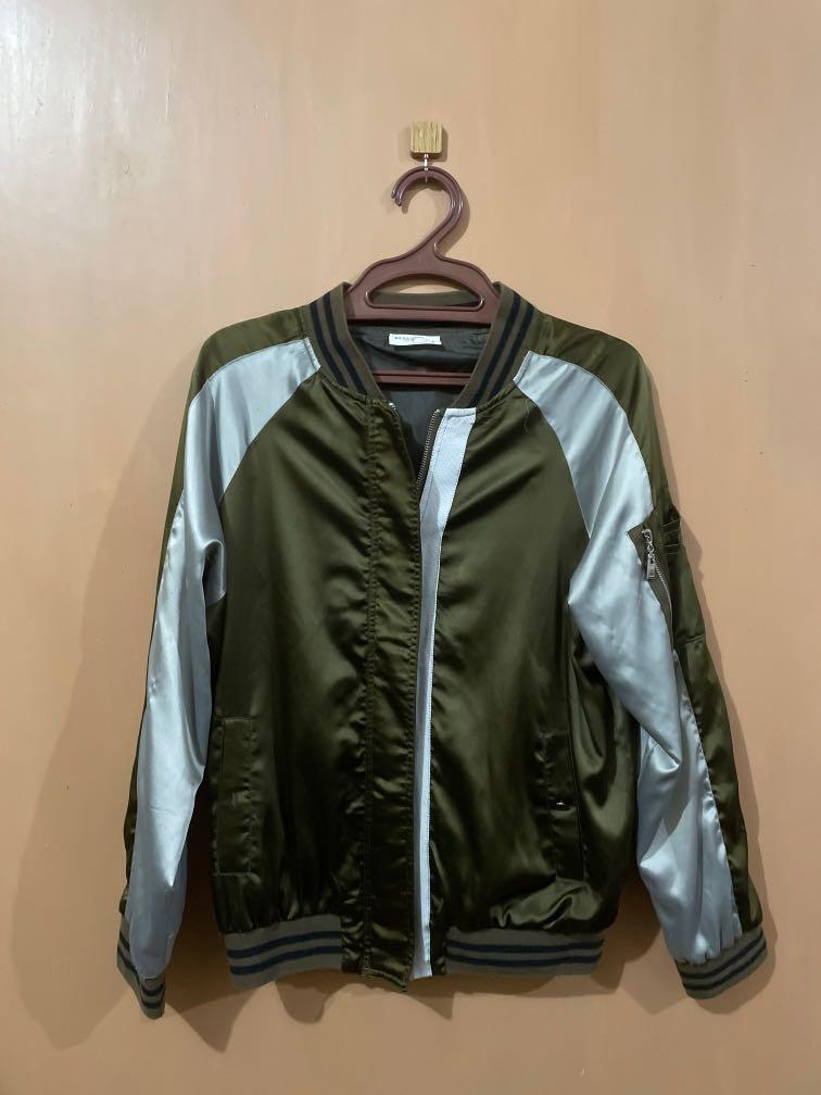 Dark Green Satin Bomber Jacket, Women's Fashion, Coats, Jackets and