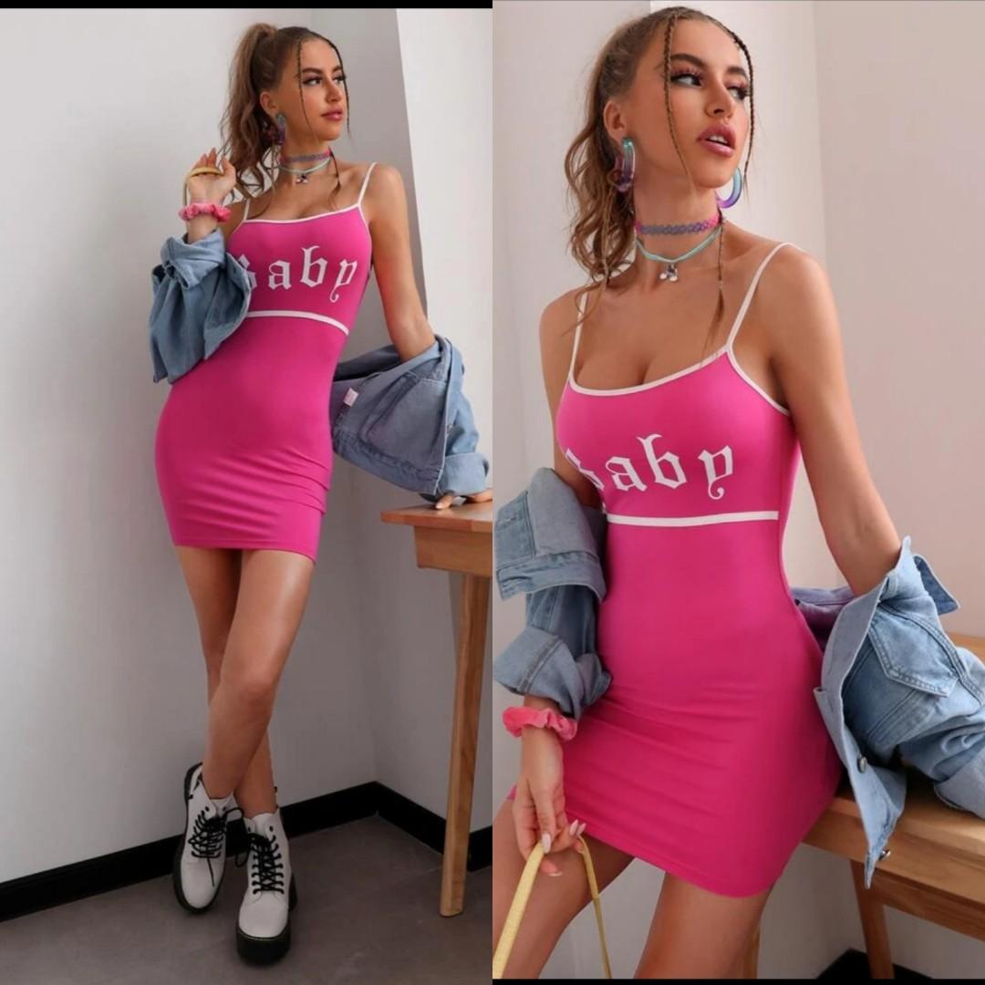 Hot Pink Baby Graphic Print Contrast Strappy Jersey Bodycon Dress, Women's  Fashion, Dresses & Sets, Dresses on Carousell