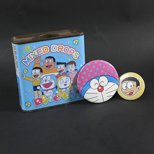 Old Doraemon Candy Tin Can & Button Pins Doraemon With Nobita Nobi And ...